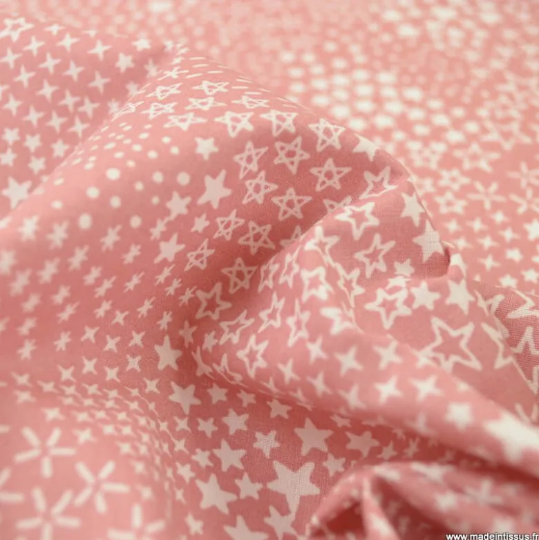 Tissu Cretonne motif étoiles fond rose - Anggun - OEKO TEX