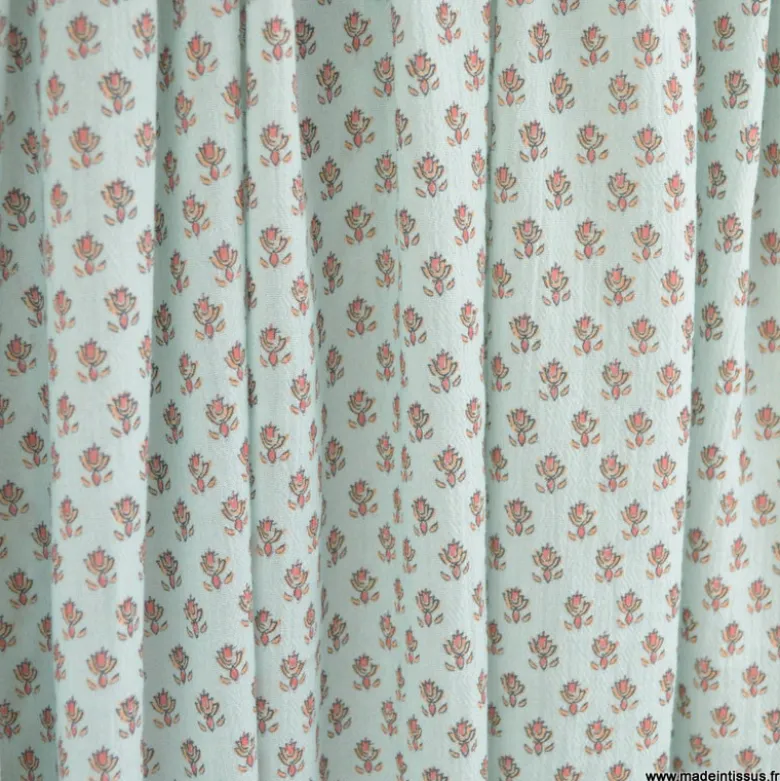 Tissu crêpe de coton motif fleurs Indiennes fond céladon - OEKO TEX