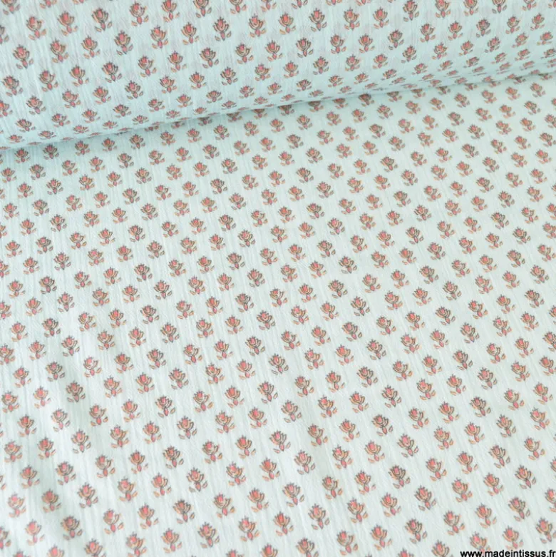 Tissu crêpe de coton motif fleurs Indiennes fond céladon - OEKO TEX