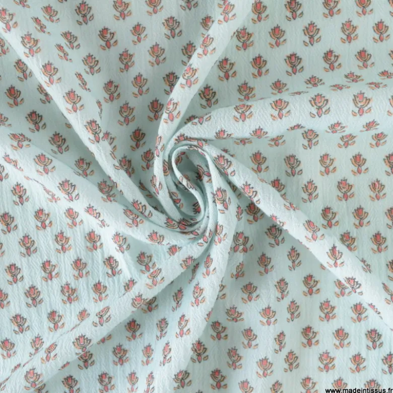 Tissu crêpe de coton motif fleurs Indiennes fond céladon - OEKO TEX