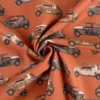 Tissu demi natté bachette imprimé voiture Austin Mini fond terracotta