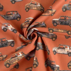 Tissu demi natté bachette imprimé voiture Austin Mini fond terracotta