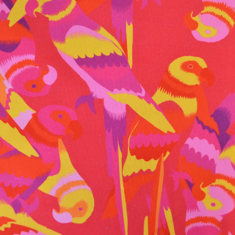 Tissu demi natté canva motif oiseaux exotiques fond fuchsia