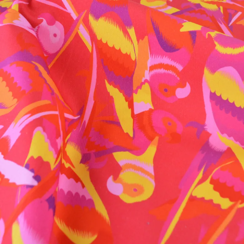 Tissu demi natté canva motif oiseaux exotiques fond fuchsia