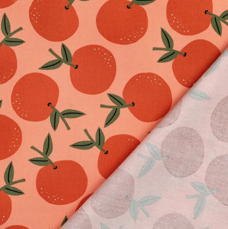 Tissu demi natté canvas motif oranges fond Pêche