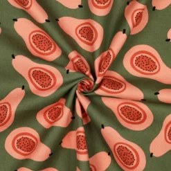 Tissu demi natté canvas motif Papayes fond vert