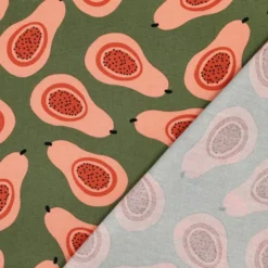 Tissu demi natté canvas motif Papayes fond vert
