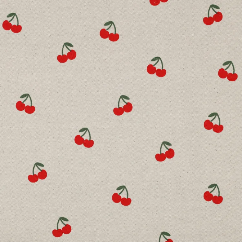 Tissu demi natté coton motif cerises fond naturel