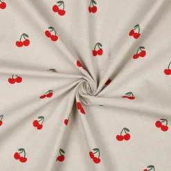 Tissu demi natté coton motif cerises fond naturel