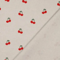 Tissu demi natté coton motif cerises fond naturel