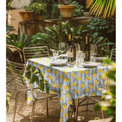 Tissu demi natté coton motif citrons et rayures