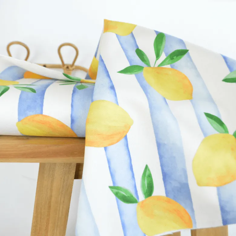 Tissu demi natté coton motif citrons et rayures