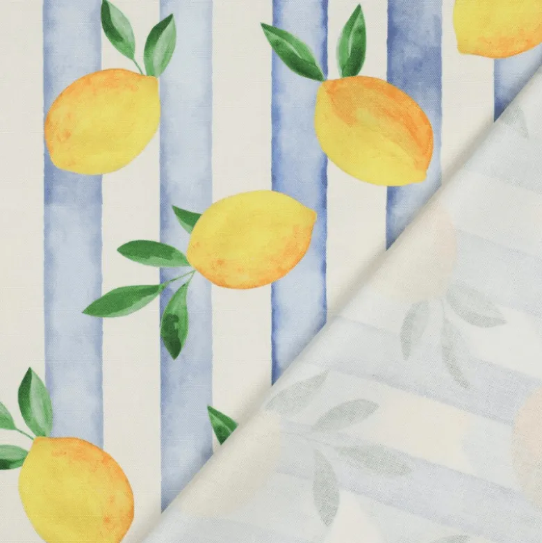 Tissu demi natté coton motif citrons et rayures