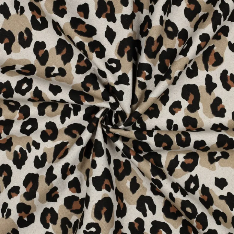 Tissu demi natté coton motif léopard fond aspect lin