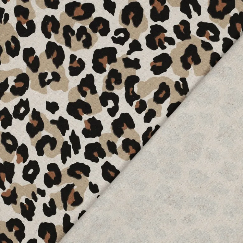 Tissu demi natté coton motif léopard fond aspect lin