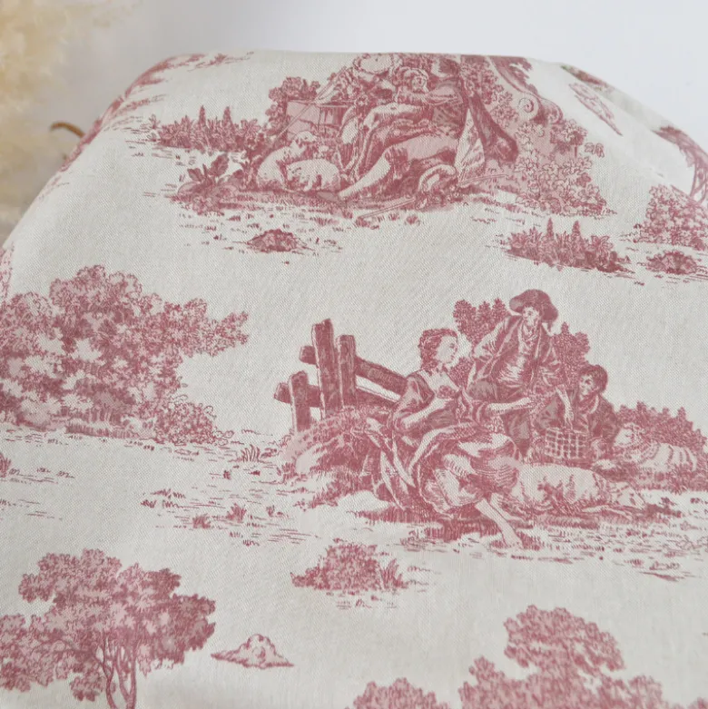 Tissu demi natté coton motif toile de Jouy bordeaux
