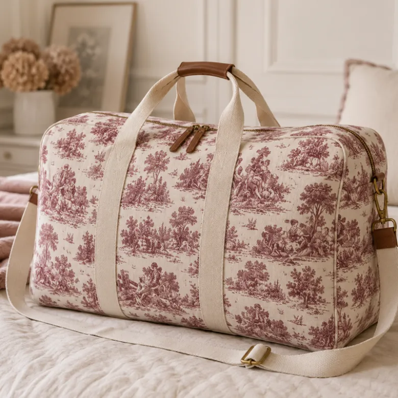 Tissu demi natté coton motif toile de Jouy bordeaux