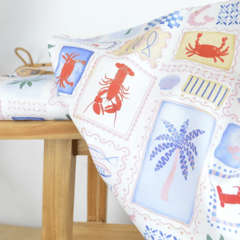 Tissu demi natté coton Patchwork mer, crabes et palmiers