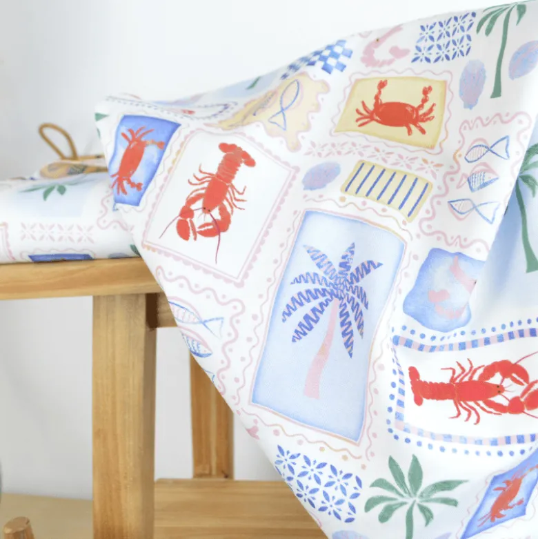 Tissu demi natté coton Patchwork mer, crabes et palmiers