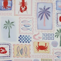 Tissu demi natté coton Patchwork mer, crabes et palmiers