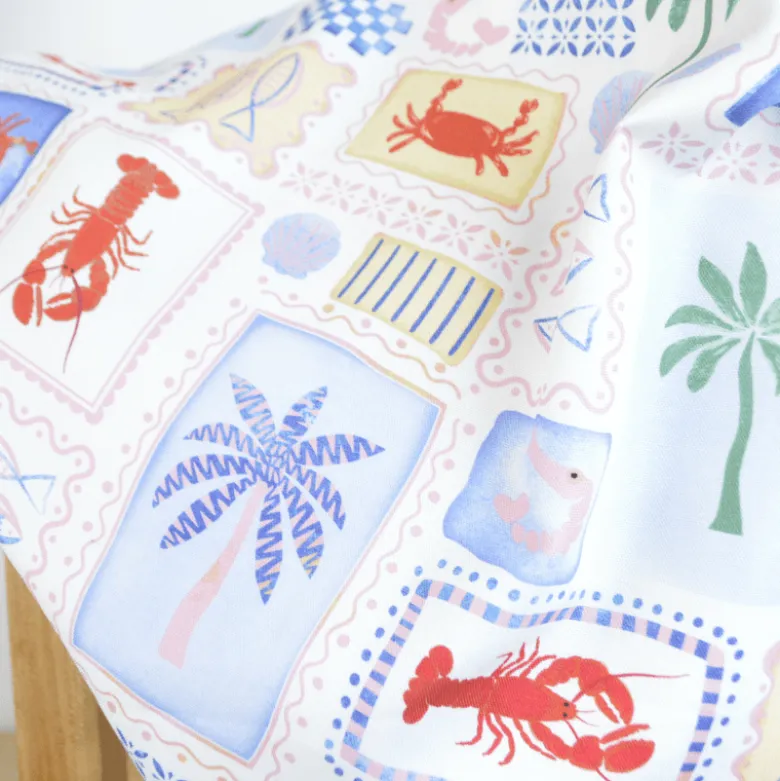 Tissu demi natté coton Patchwork mer, crabes et palmiers