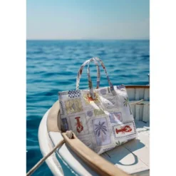 Tissu demi natté coton Patchwork mer, crabes et palmiers