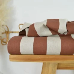 Tissu demi natté coton rayures larges Camel et Lin