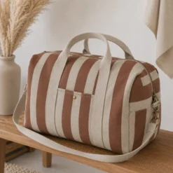 Tissu demi natté coton rayures larges Camel et Lin
