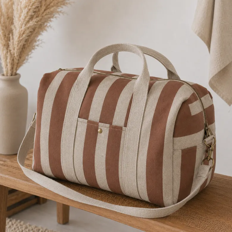 Tissu demi natté coton rayures larges Camel et Lin