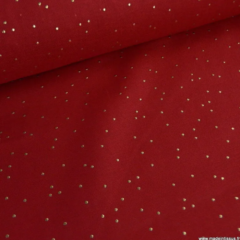 Tissu demi natté de Noël Pimiz motif pois dorés fond Cardinal- OEKO TEX