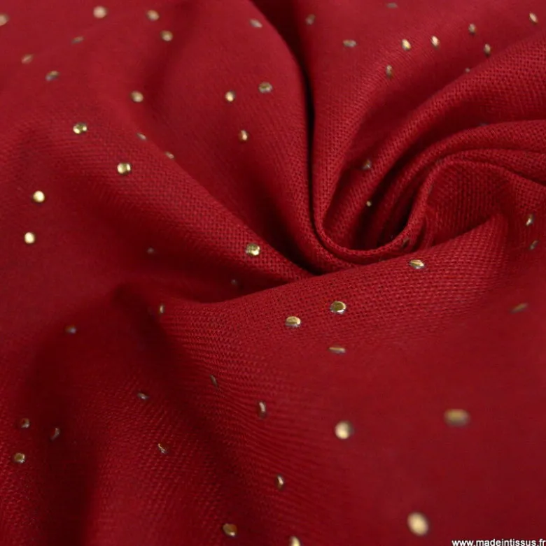 Tissu demi natté de Noël Pimiz motif pois dorés fond Cardinal- OEKO TEX