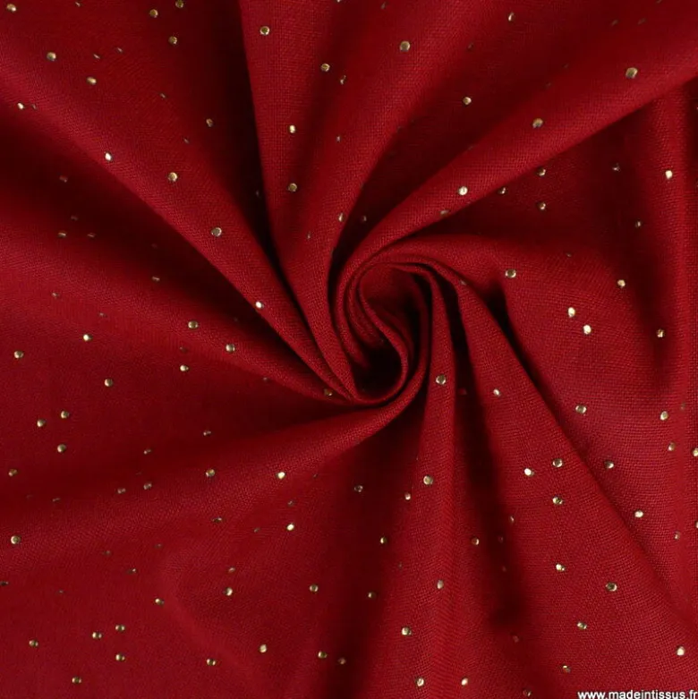Tissu demi natté de Noël Pimiz motif pois dorés fond Cardinal- OEKO TEX