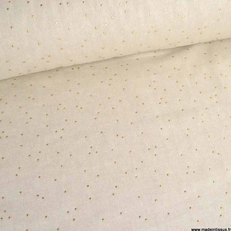 Tissu demi natté de Noël Pimiz motif pois dorés fond Naturel - OEKO TEX