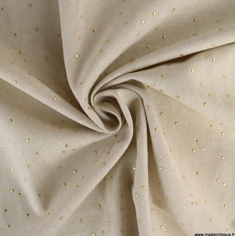 Tissu demi natté de Noël Pimiz motif pois dorés fond Naturel - OEKO TEX