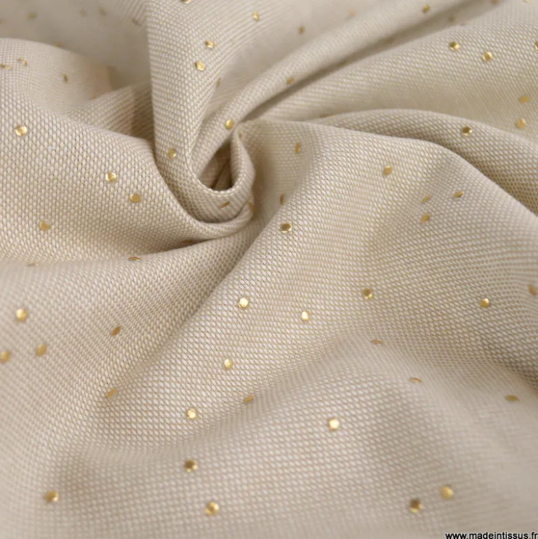Tissu demi natté de Noël Pimiz motif pois dorés fond Naturel - OEKO TEX