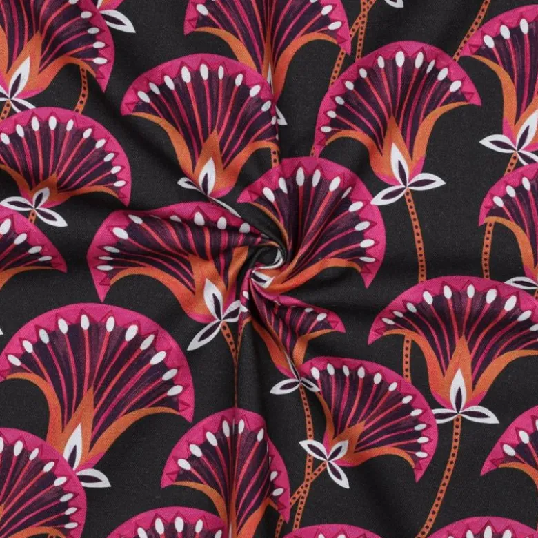 Tissu Demi-Natté Fleurs Fuchsia – Fond Gris Anthracite