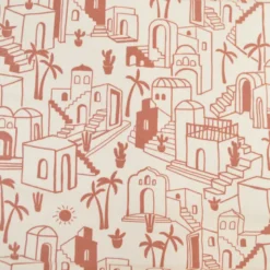 Tissu demi-natté imprimé médina maisons et palmiers fond écru