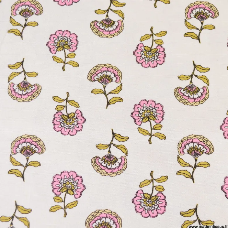Tissu demi-natté motif fleurs roses et ocre fond écru