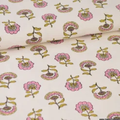 Tissu demi-natté motif fleurs roses et ocre fond écru