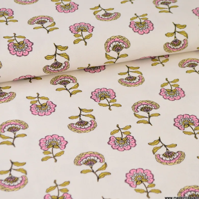 Tissu demi-natté motif fleurs roses et ocre fond écru