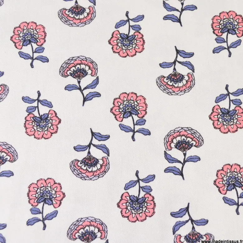 Tissu demi-natté motif fleurs violettes fond écru