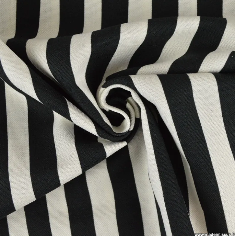 Tissu Demi-Natté Rayé – Noir & Blanc – Coton épais ameublement