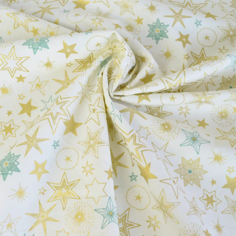 Tissu de Noël Edmé motif étoiles Or fond Blanc cassé - OEKO TEX