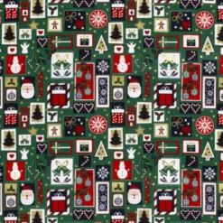 Tissu de Noël motif cadeaux, père Noël et bonhomme de neige fond vert - OEKO TEX