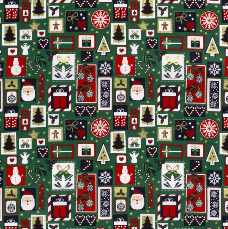 Tissu de Noël motif cadeaux, père Noël et bonhomme de neige fond vert - OEKO TEX