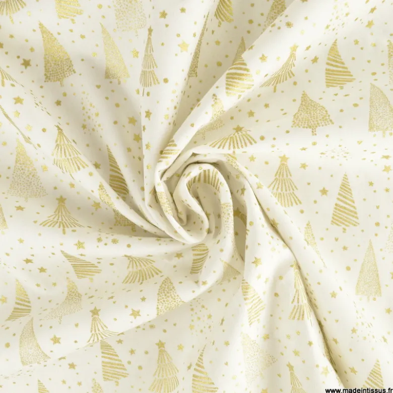 Tissu de Noël motif foret de sapins et étoiles or fond blanc cassé - OEKO TEX