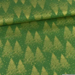 Tissu de Noël motif foret de sapins or fond vert - OEKO TEX
