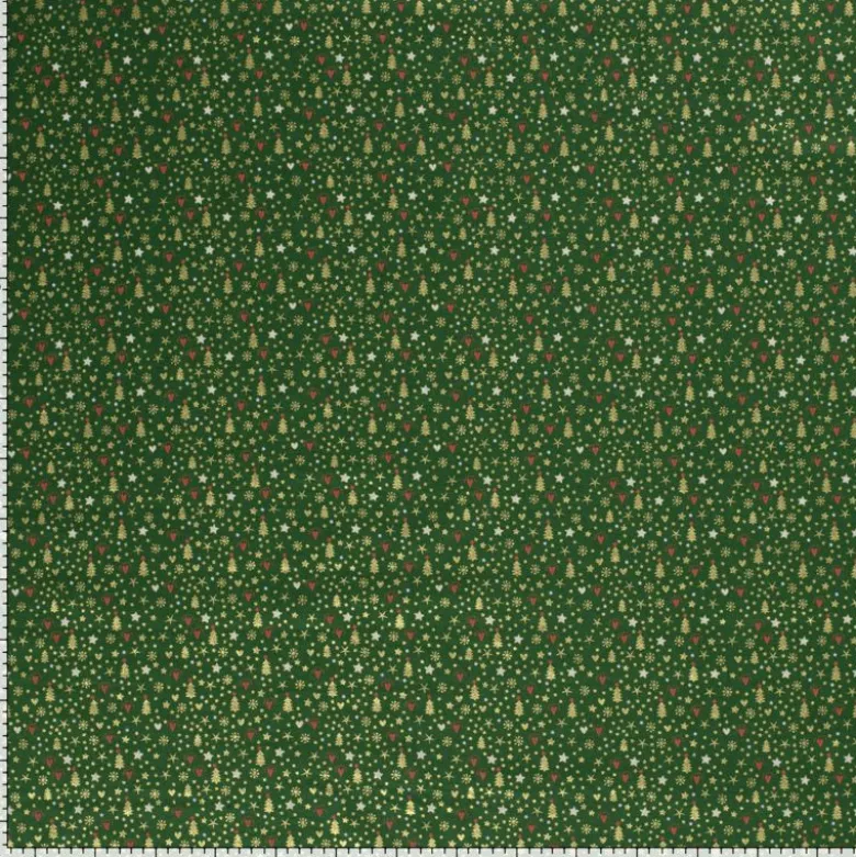 Tissu de Noël motif sapins, coeurs et étoiles or fond verts apin - OEKO TEX