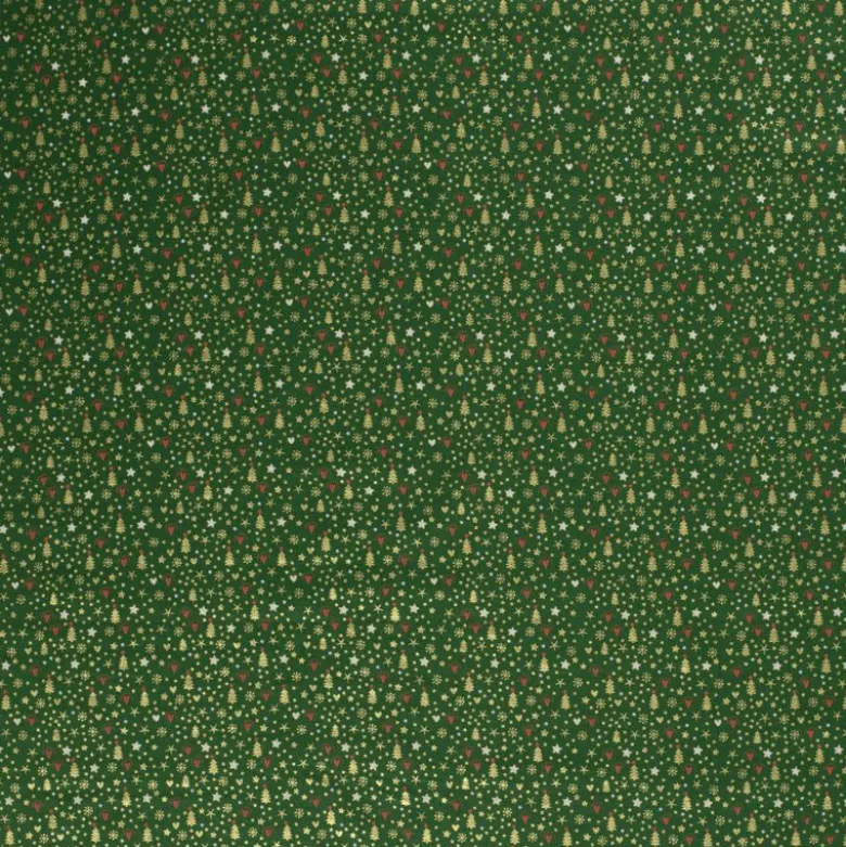 Tissu de Noël motif sapins, coeurs et étoiles or fond verts apin - OEKO TEX
