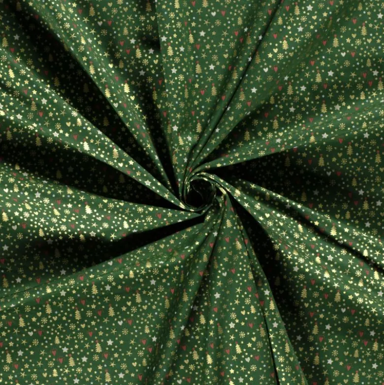 Tissu de Noël motif sapins, coeurs et étoiles or fond verts apin - OEKO TEX